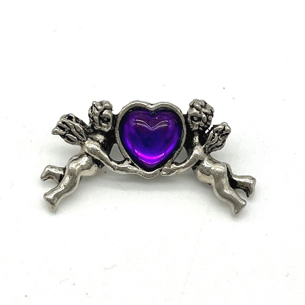 Angels Heart Brooch Purple Heart Cherub Pin Silver Tone Jewelry